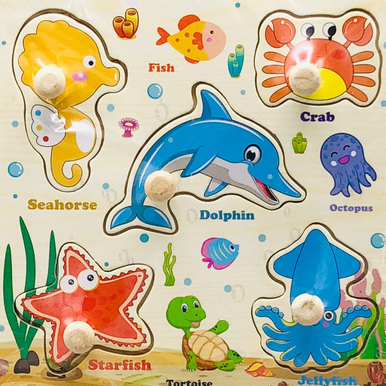 Wooden Ocean Animal Themed Puzzle Board With Knobs