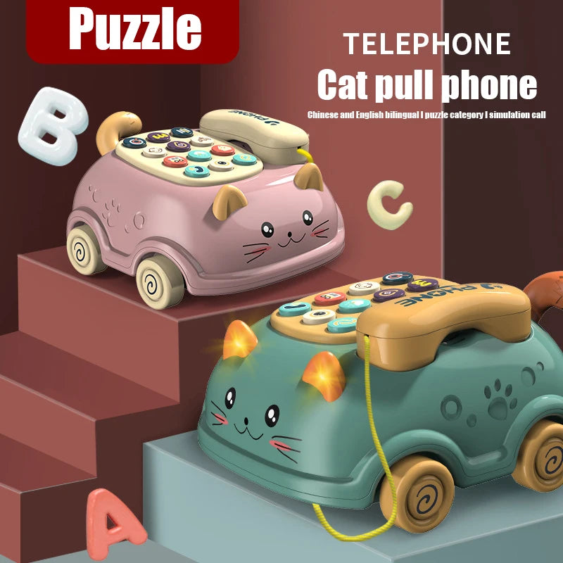 Cat Design Pull Along Musical Telephone Car For Kids