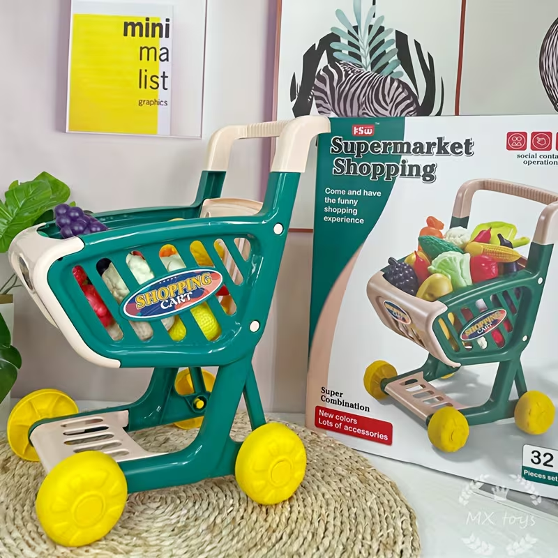32Pcs Kids Pretend Super Market Shopping Cart