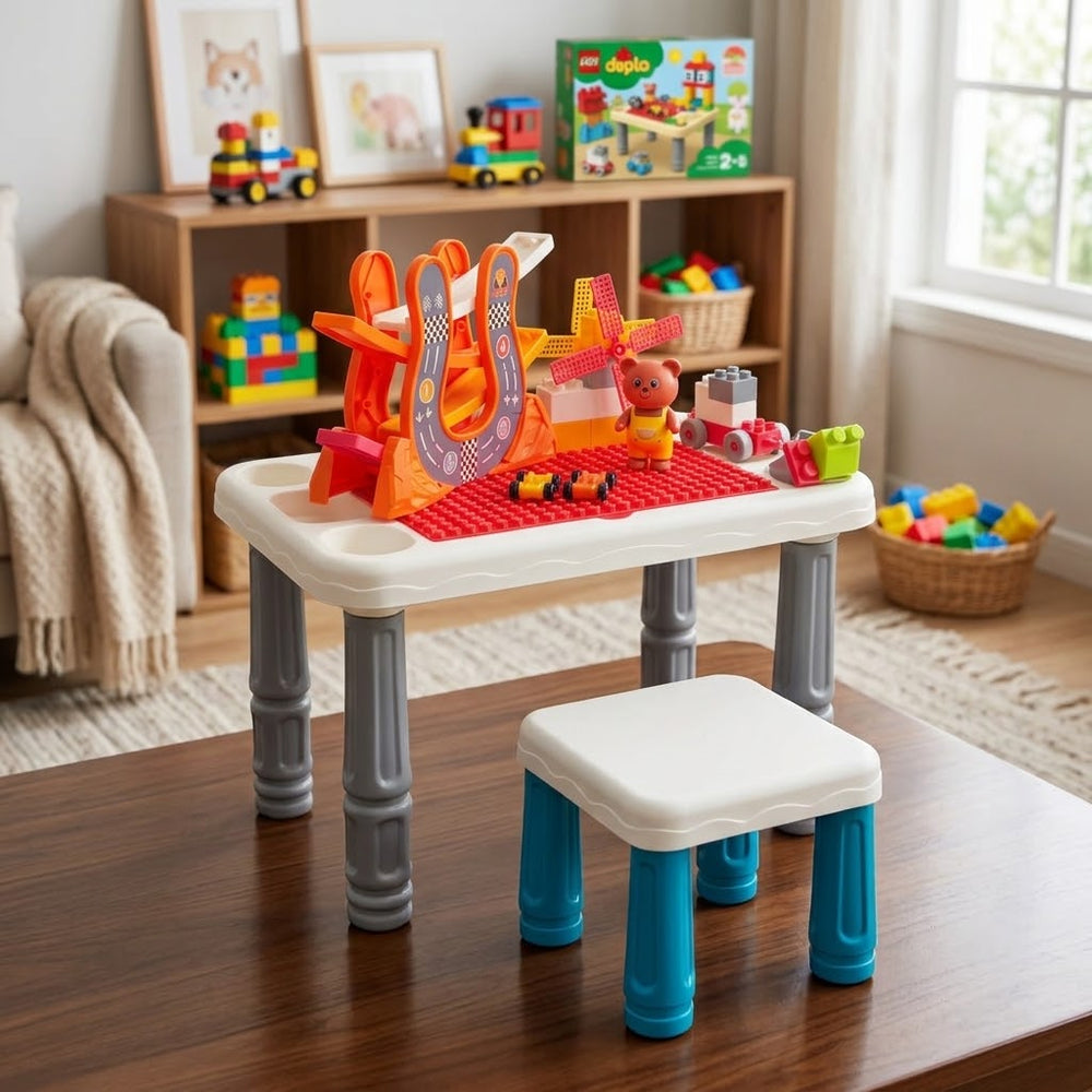 DIY Kids Multi-functional Building Blocks Table With Stool