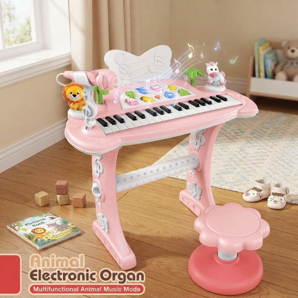 Electronic Animal Organ Piano With Stool - Pink