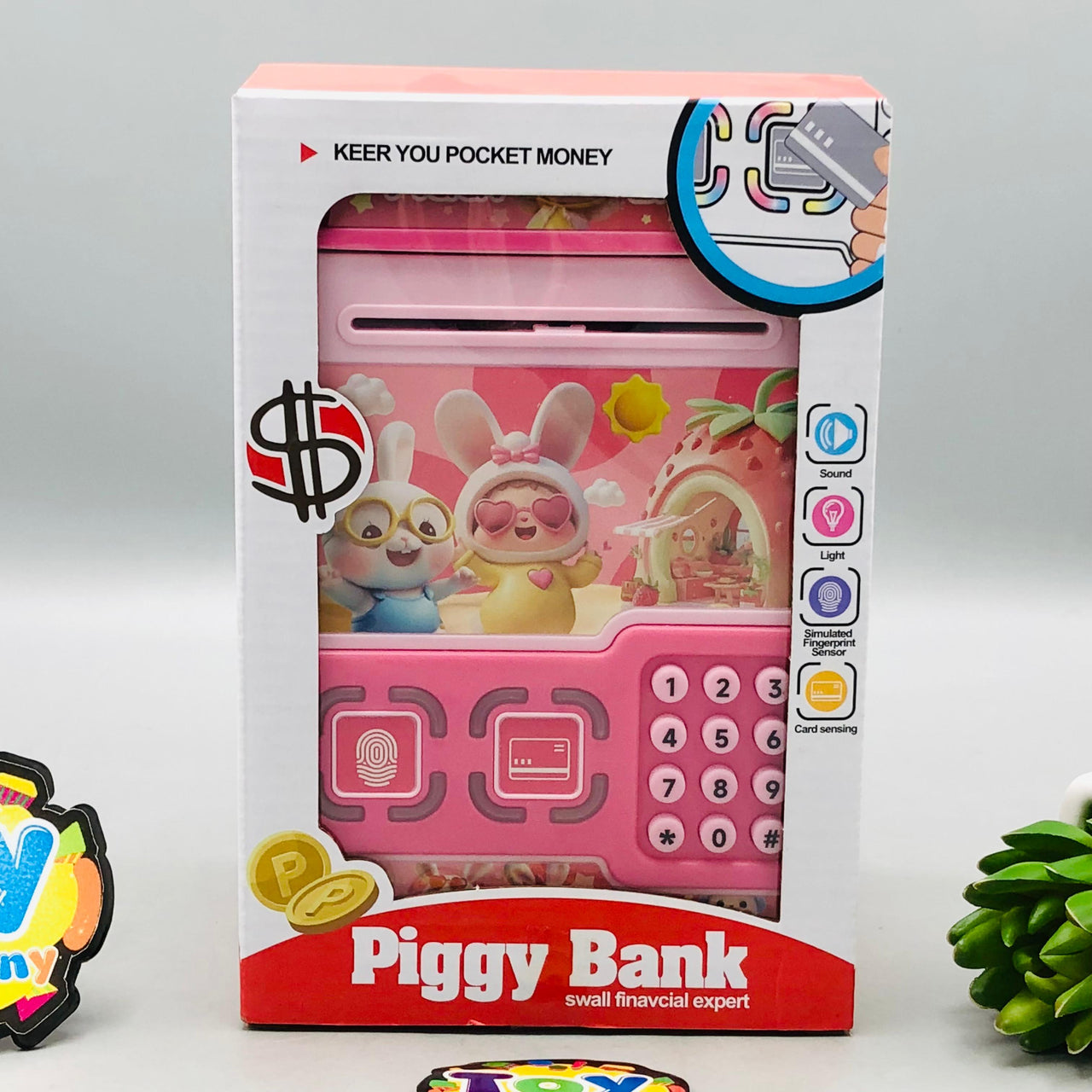 Kids Fingerprint & Swipe Card Unlock Piggy Bank - Pink