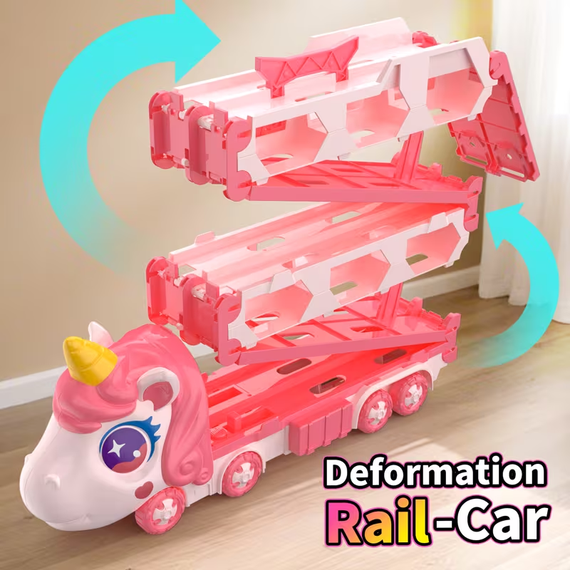 Foldable Unicorn Car Launcher Truck Track With 2Pcs Cars