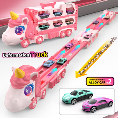 Foldable Unicorn Car Launcher Truck Track With 2Pcs Cars