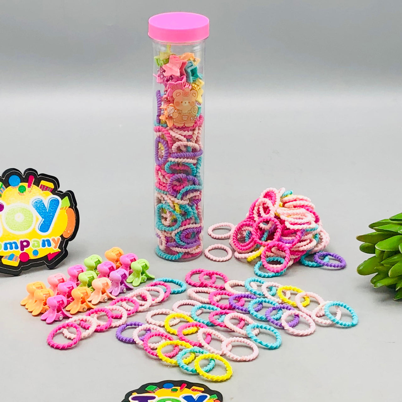 Girls Colorful Mini Hair Ties & Claw Clips With Storage Box