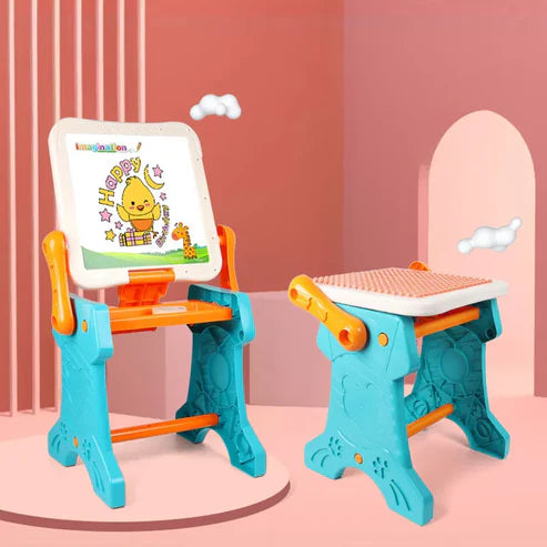 Kids 2in1 Drawing & Building Blocks Table With Stool