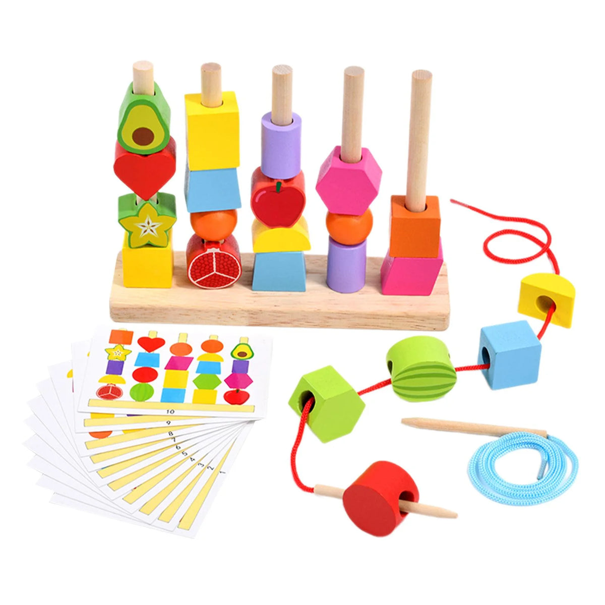 Wooden Montessori Shapes & Fruits Lacing Beads Set