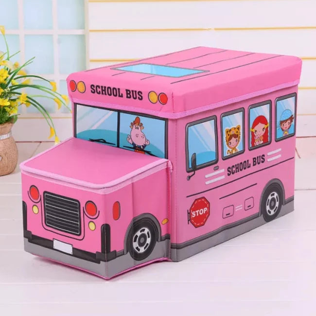 Kids Foldable Storage Box - School Bus Design Pink