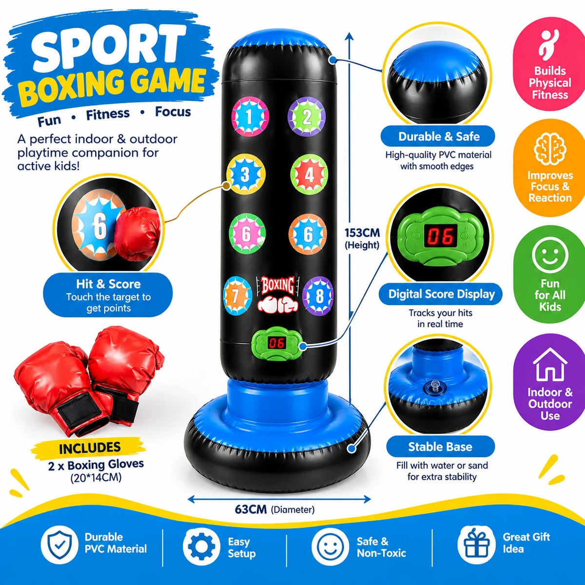 Inflatable Boxing Punching  Bag With Gloves