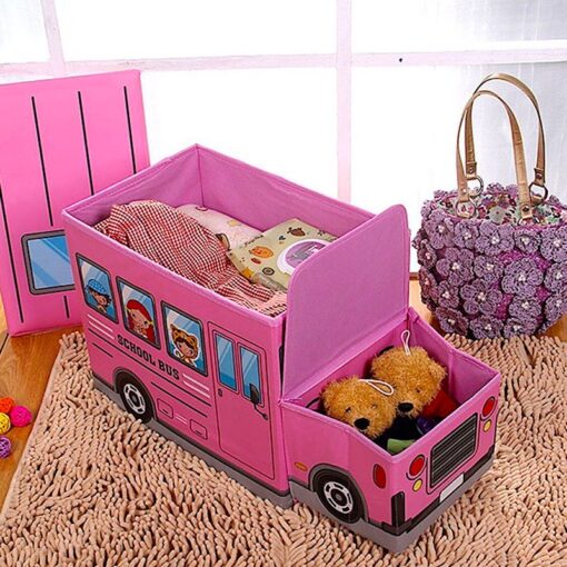 Kids Foldable Storage Box - School Bus Design Pink