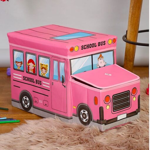 Kids Foldable Storage Box - School Bus Design Pink