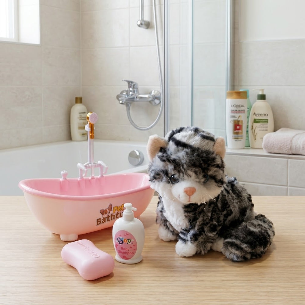 Kids Plush Cat With Realistic Bath Tub