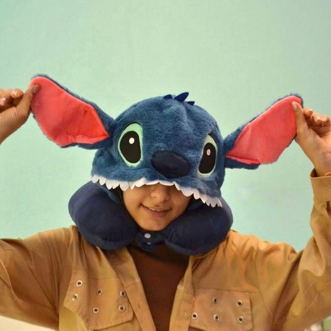 Kids Premium Stitch Theme Travel Neck Pillow With Cap