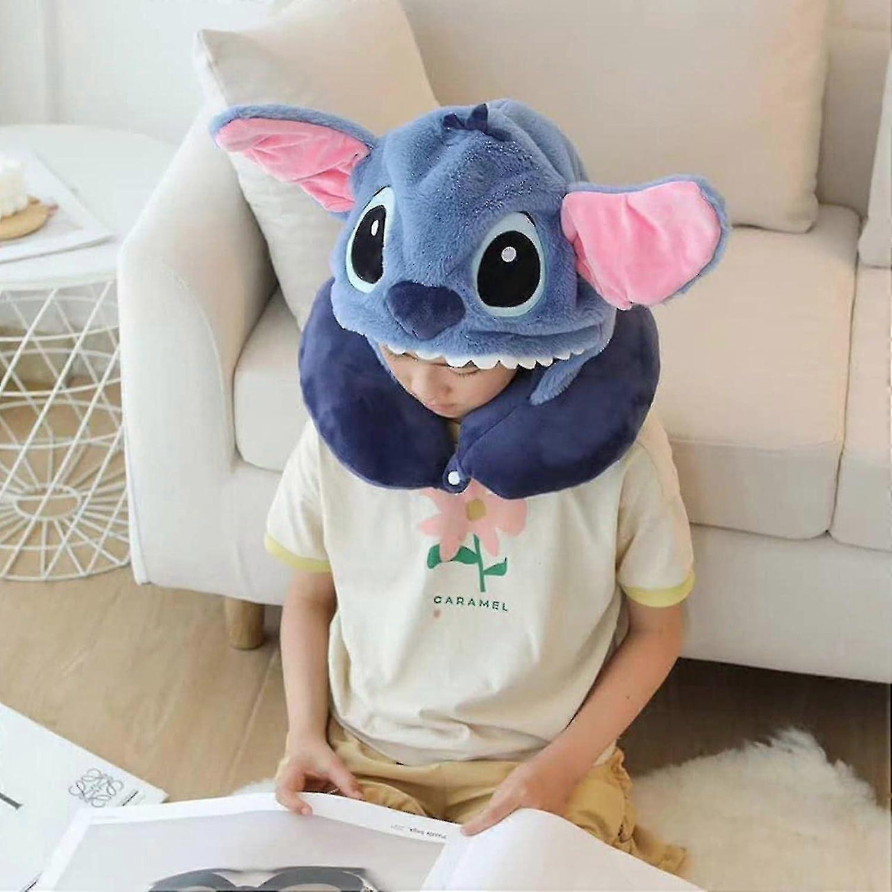 Kids Premium Stitch Theme Travel Neck Pillow With Cap
