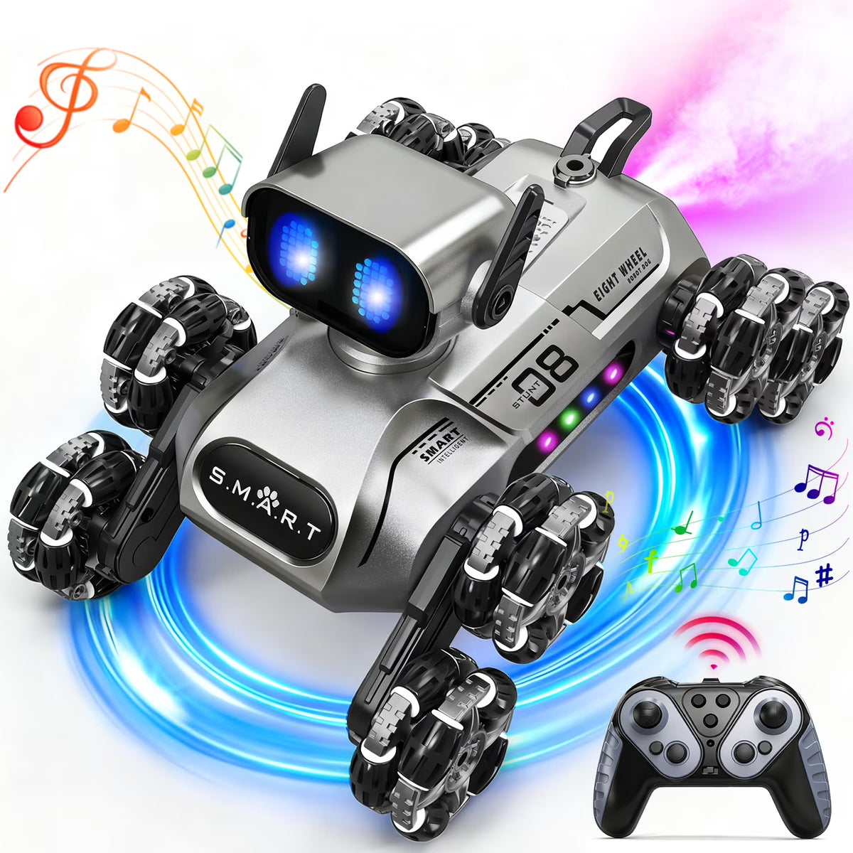 2.4GHz RC 8 Wheels Stunt Robot Dog With Smoke