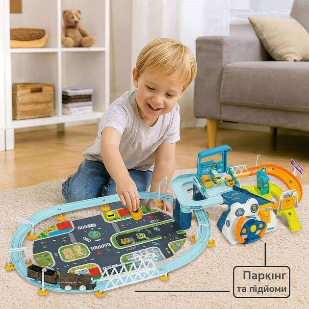 Kids Rail Train & Car Adventure Track Set With 6Pcs Cars