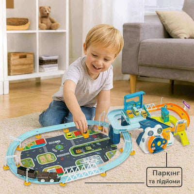 Kids Rail Train & Car Adventure Track Set With 6Pcs Cars
