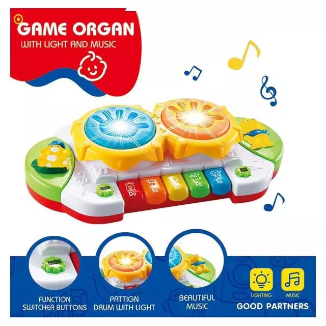 Toddlers Hand Patting Musical Drum With Piano Key