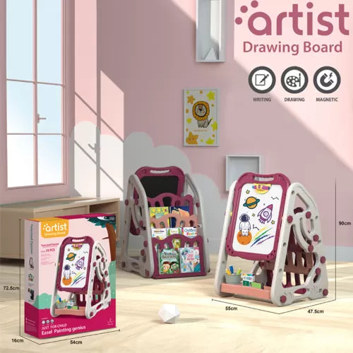 90cm Multi-functional Artistic Drawing Board With Book Shelf - Pink