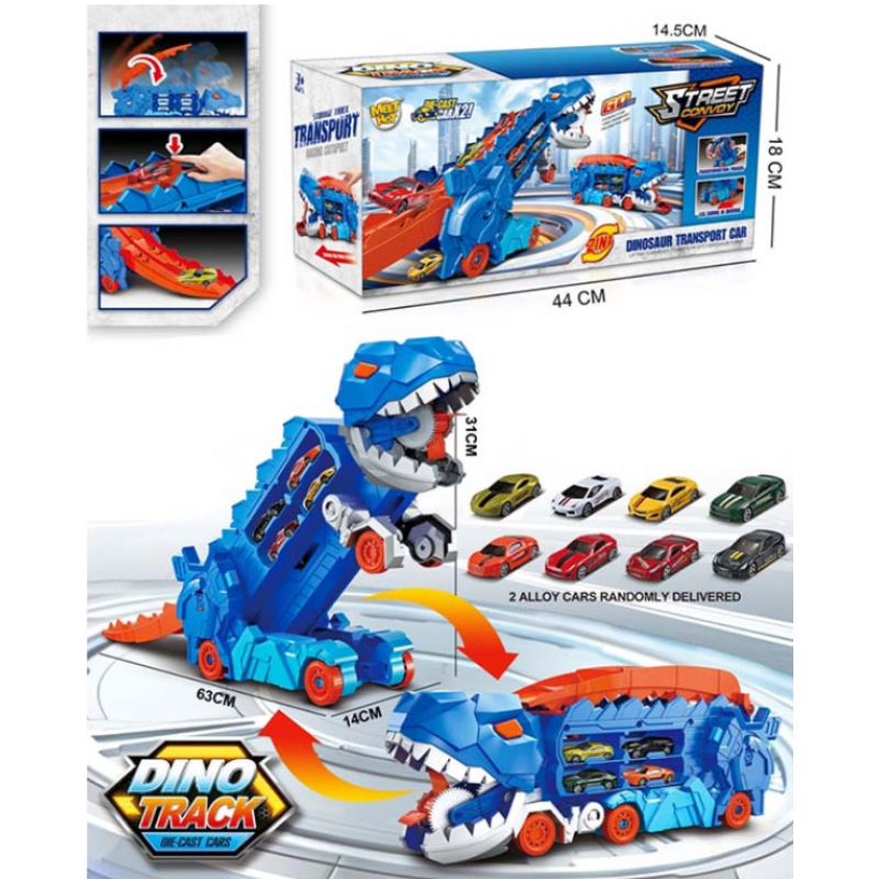 2in1 Foldable Dinosaur Transport Truck With 2Pcs Alloy Cars
