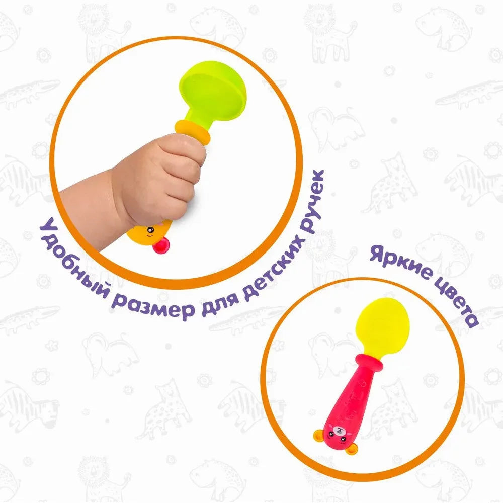 Soft Plastic Animal Design Baby Spoon & Rattle - 3Pcs