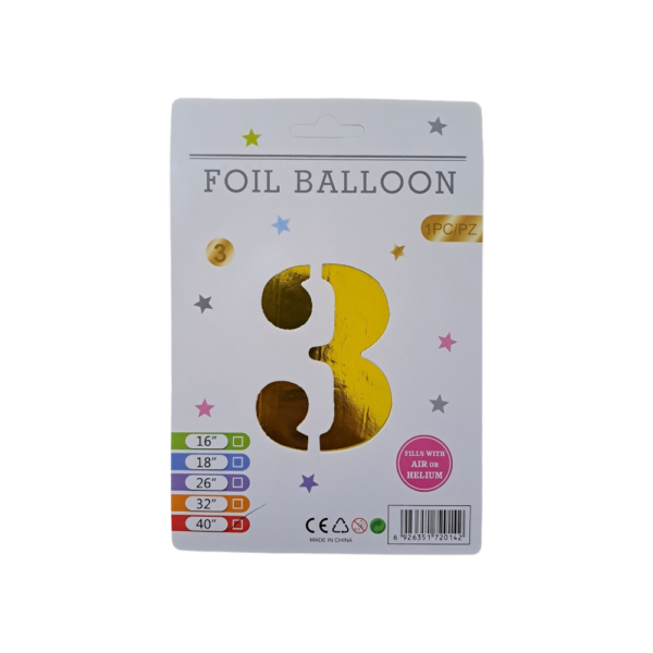 16" Gold Number 3 Foil Balloon - 10Pcs