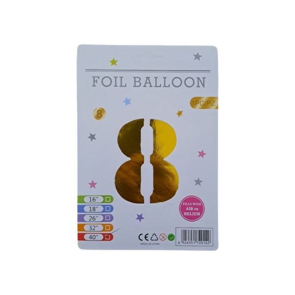 16" Gold Number 8 Foil Balloon - 10Pcs