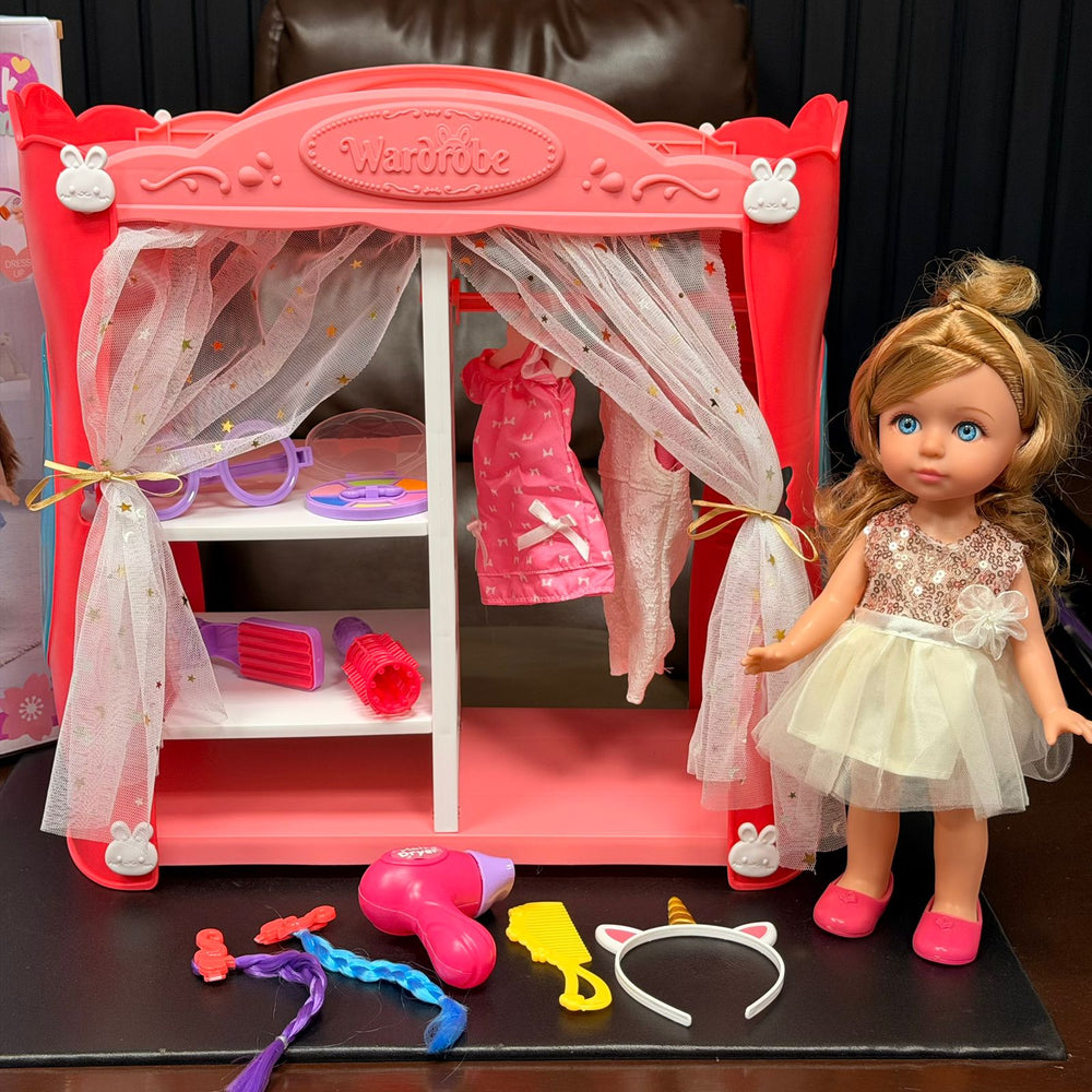 Pretend Play Girls Wardrobe With Doll