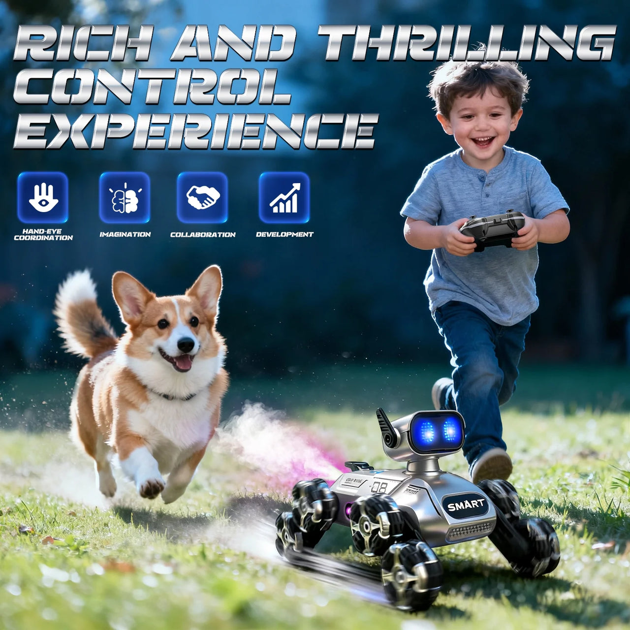 2.4GHz RC 8 Wheels Stunt Robot Dog With Smoke