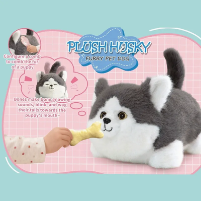 Realistic Plush Husky Dog With Wagging Tail & Winking Eyes