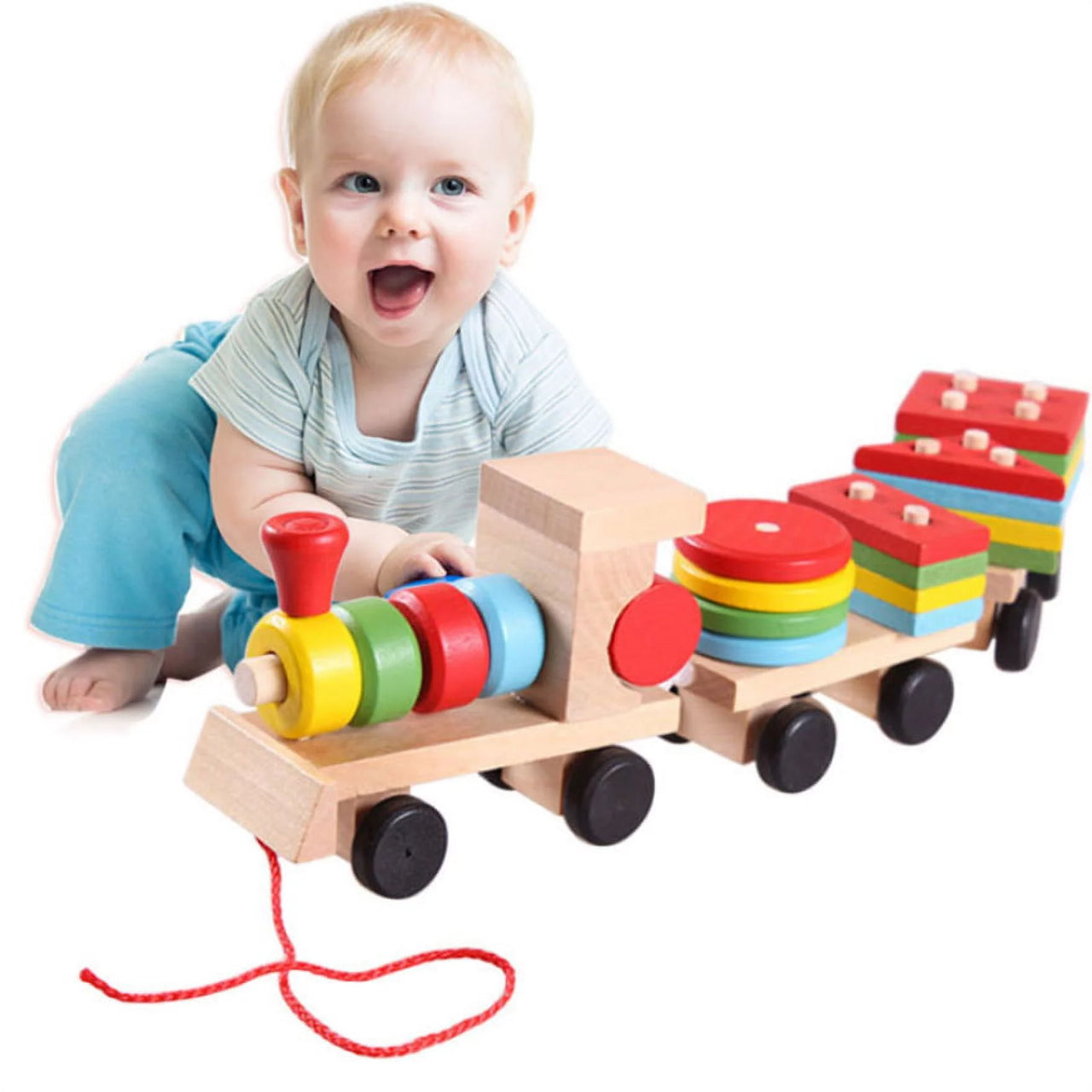 Wooden Geometric Building Blocks Train