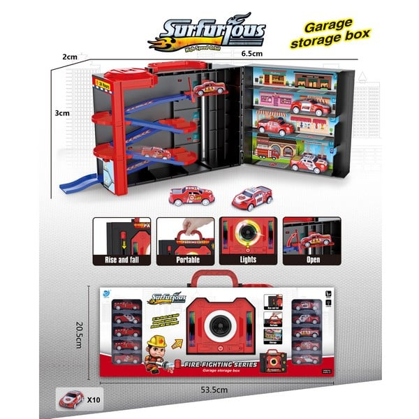 Surfurious Fire Fighting Orbit Track & Garage Storage Box - 10Pcs Cars