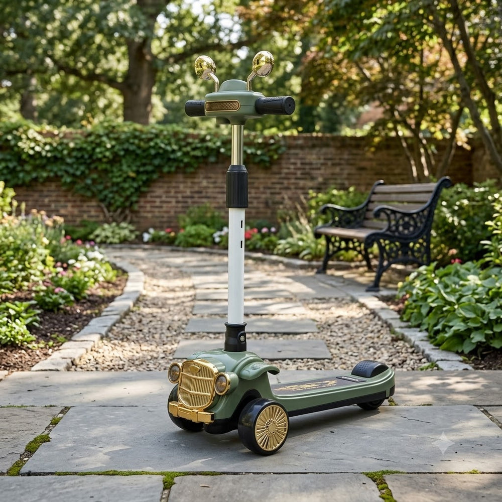Vintage Car Design Kids Scooter With Light & Music - Green