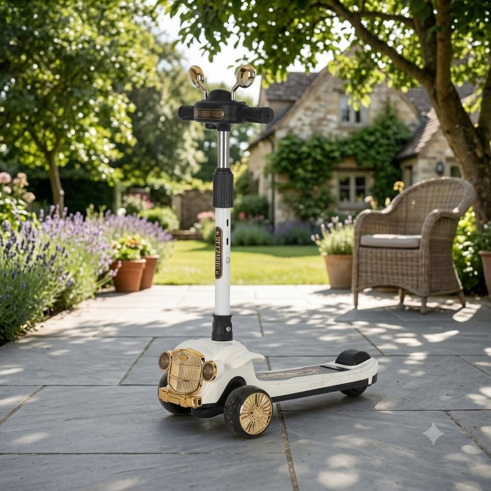 Vintage Car Design Kids Scooter With Light & Music - White