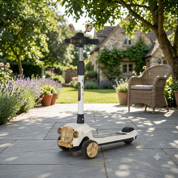 Vintage Car Design Kids Scooter With Light & Music - White