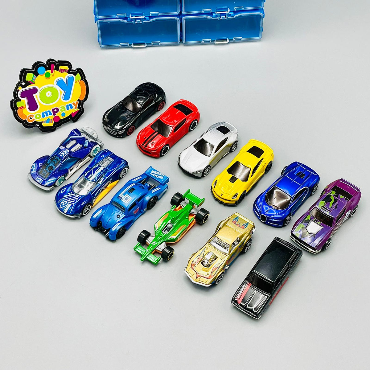 Diecast Set of 12 Cars with Display Racks