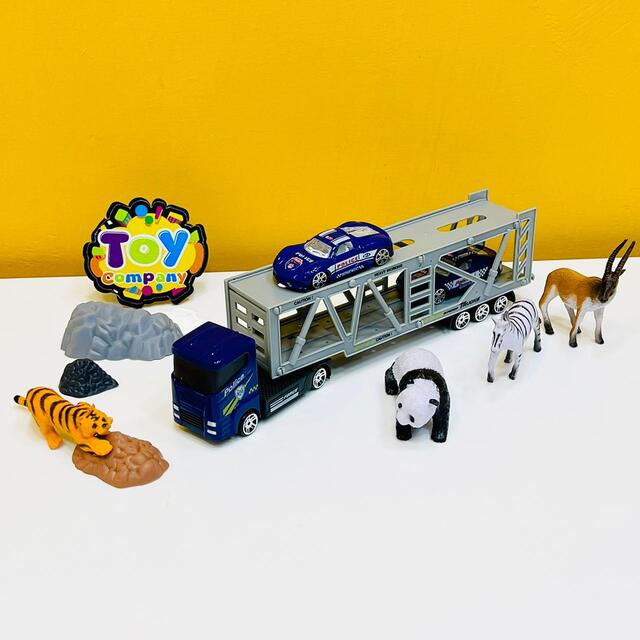 10 Pcs Wild Animals with Diecast Carriage Trailer & Cars