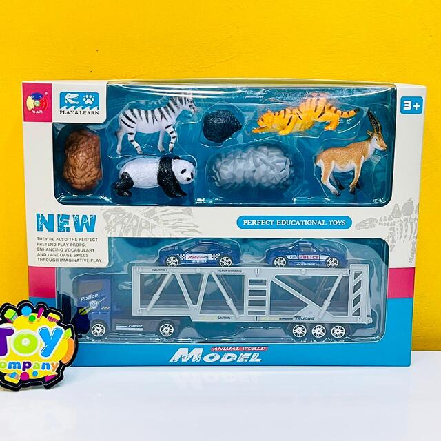10 Pcs Wild Animals with Diecast Carriage Trailer & Cars