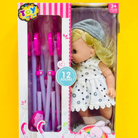 Pretend Doll With Stroller And Accessories