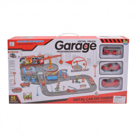 48Pcs DIY City Fire Garage Track With 3Pcs Alloy Cars