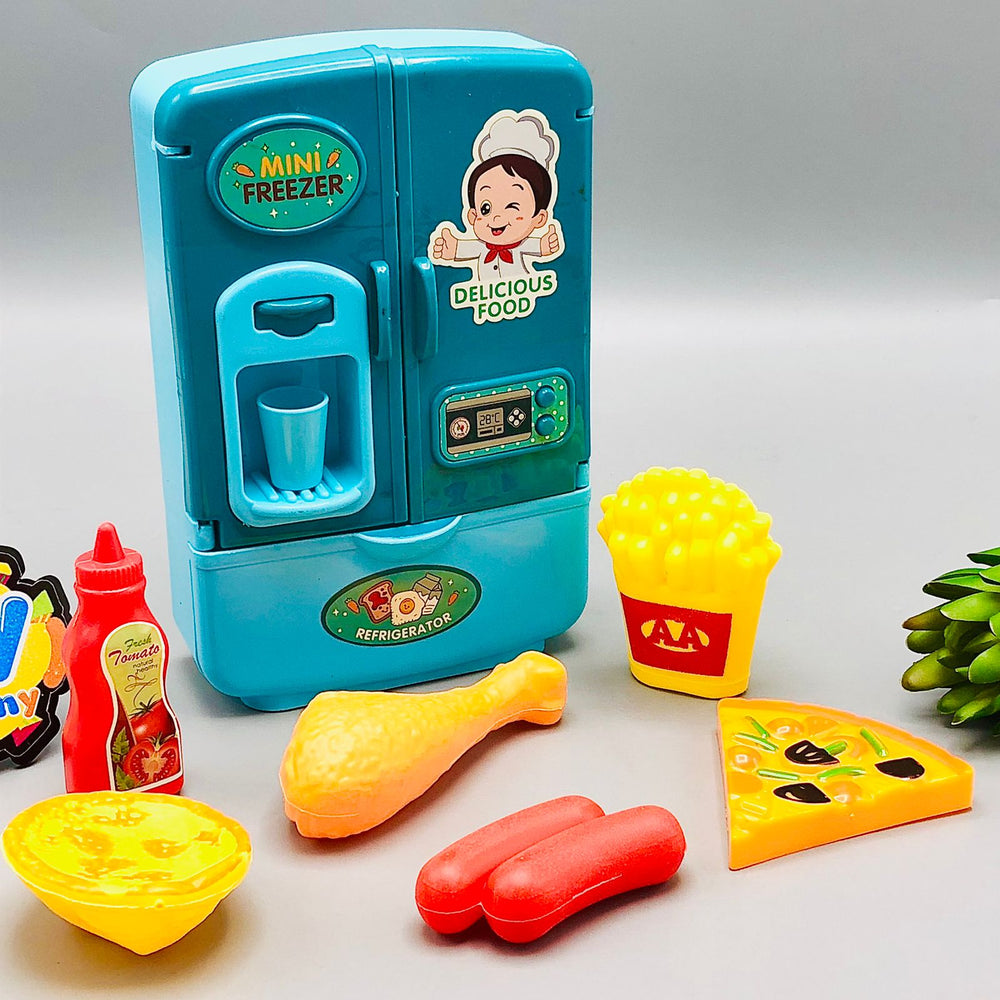 8Pcs Pretend Play Delicious Food With Refrigerator - Blue