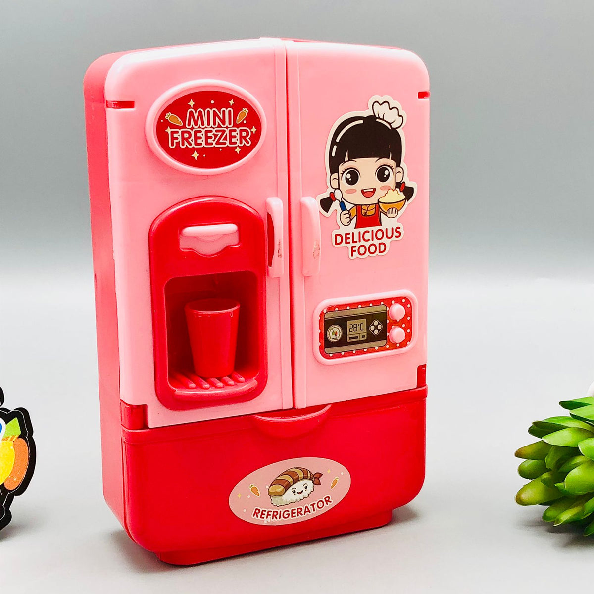 8Pcs Pretend Play Delicious Food With Refrigerator - Pink