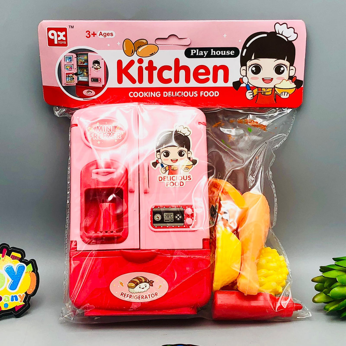 8Pcs Pretend Play Delicious Food With Refrigerator - Pink