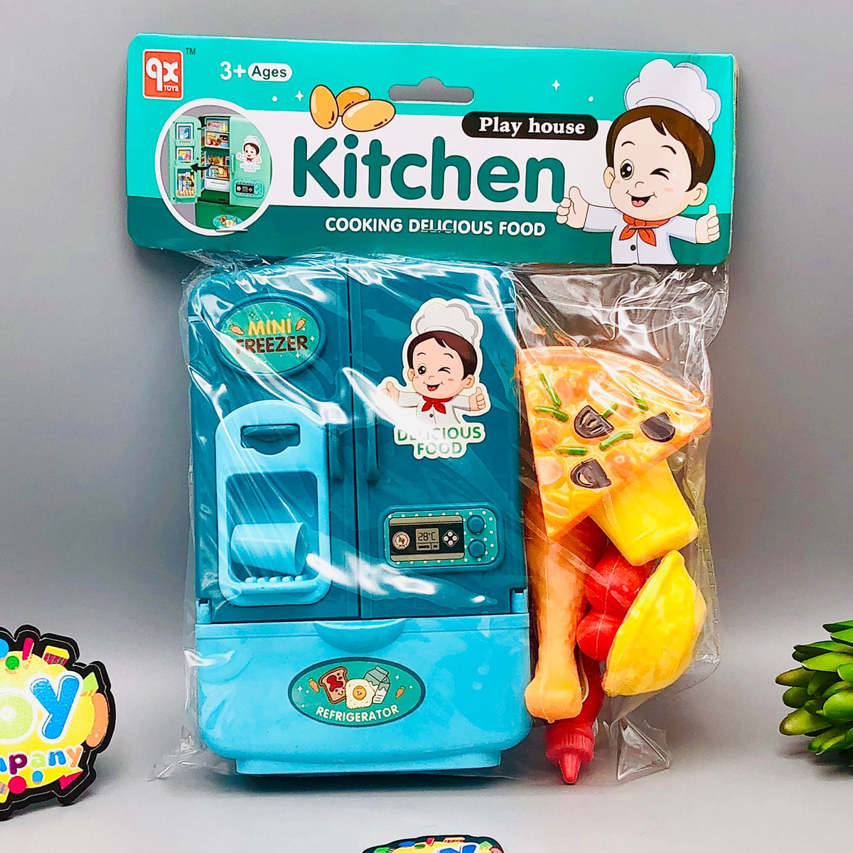 8Pcs Pretend Play Delicious Food With Refrigerator - Blue