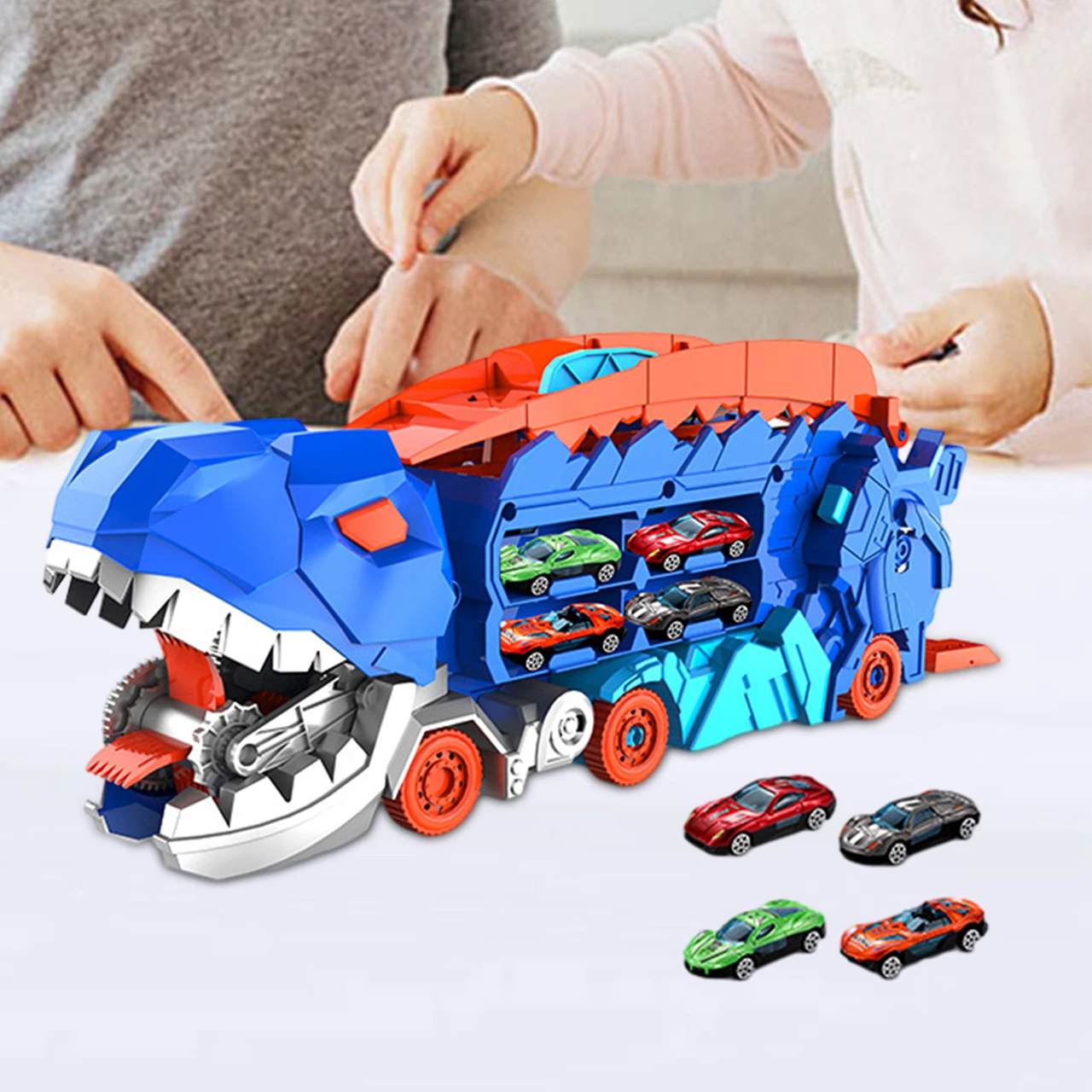 2in1 Foldable Dinosaur Transport Truck With 2Pcs Alloy Cars