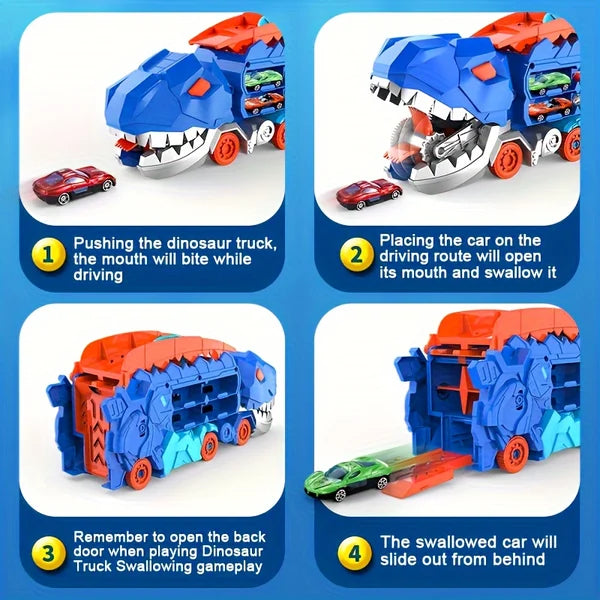 2in1 Foldable Dinosaur Transport Truck With 2Pcs Alloy Cars