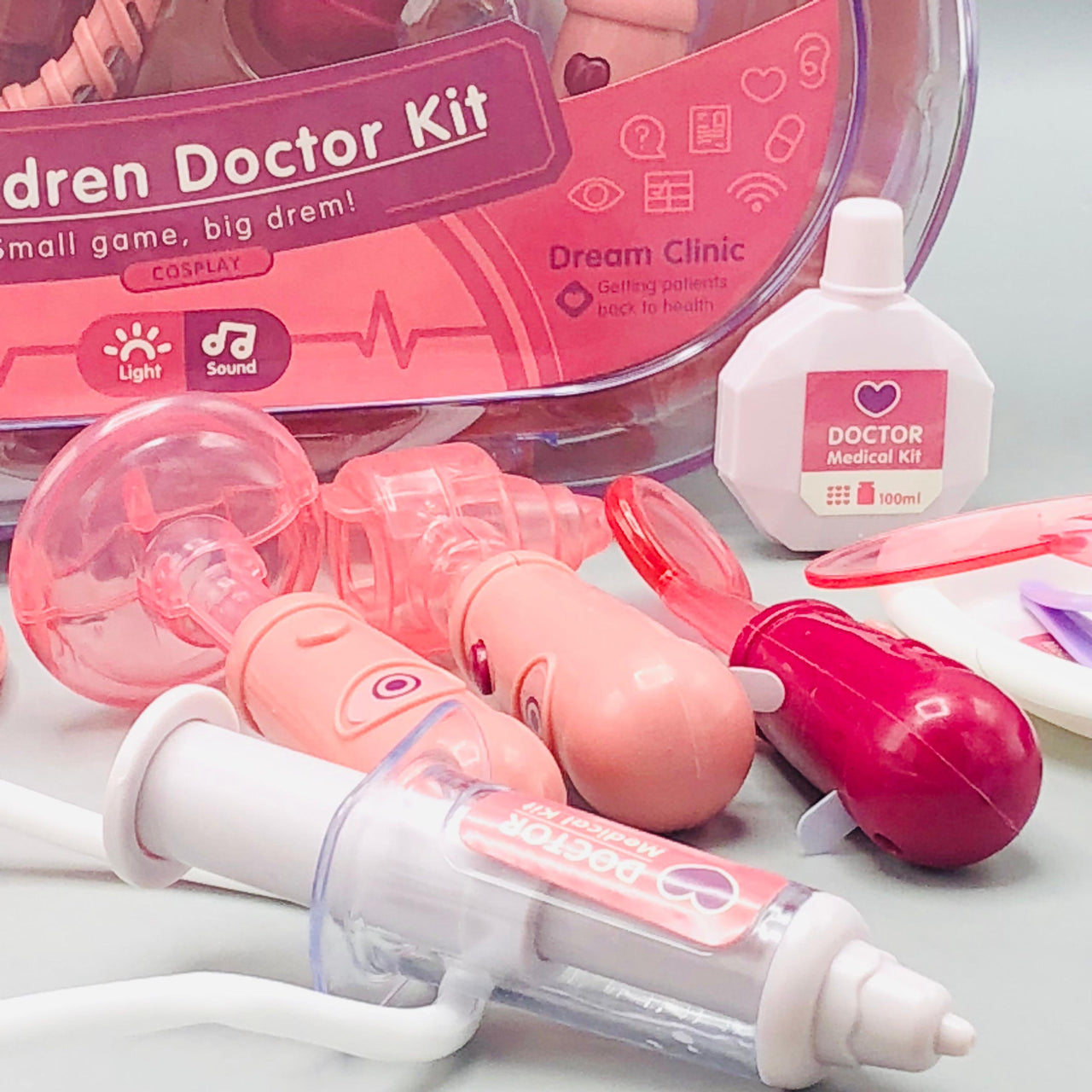 13Pcs Kids Pretend Play Doctor Kit With Acrylic Box - Pink