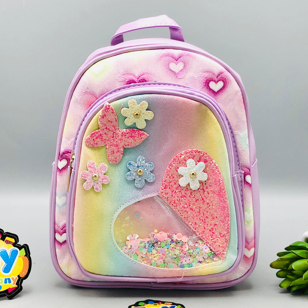 9* Inches Girls Fancy Heart Backpack - Purple