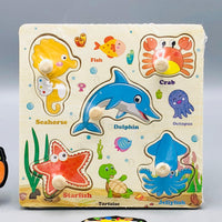 Wooden Ocean Animal Themed Puzzle Board With Knobs