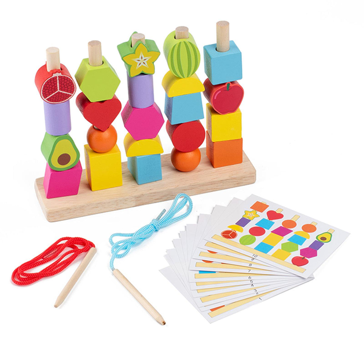 Wooden Montessori Shapes & Fruits Lacing Beads Set